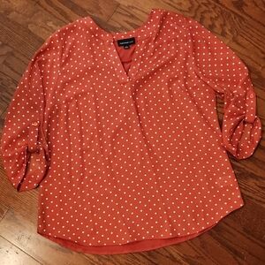 Lafayette 148 Coral Polka Dot V-Neck Roll-Tab Blouse
